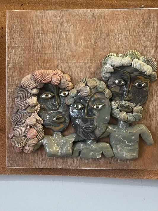 Meet the Clams - family of 3 portrait, wall relief sculpture, mom dad and child family