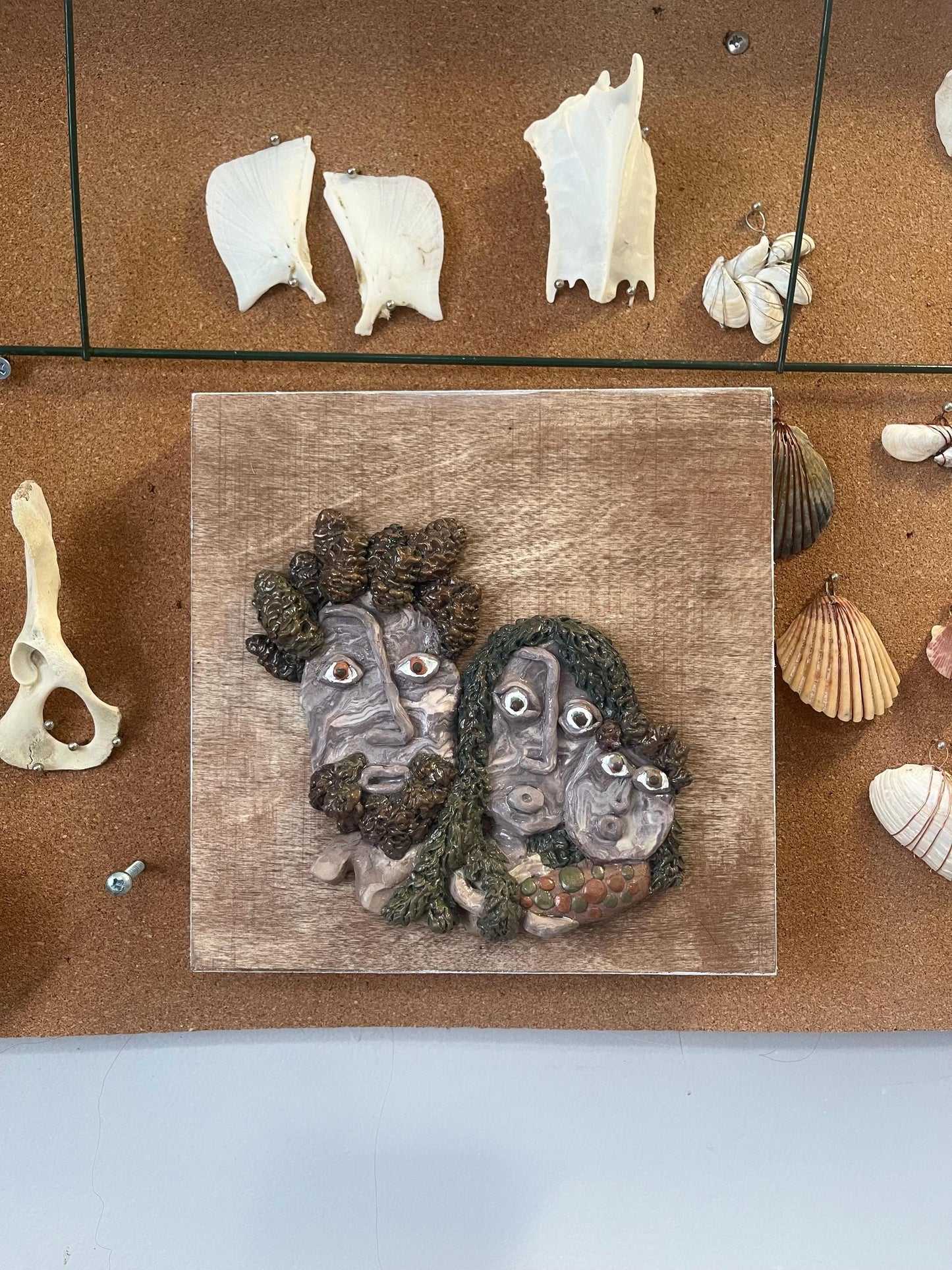 Meet the Pines - family of 3 portrait, wall relief sculpture, mom dad and baby family