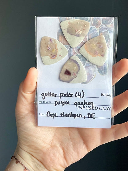 guitar picks (4) made of purple quahog clay