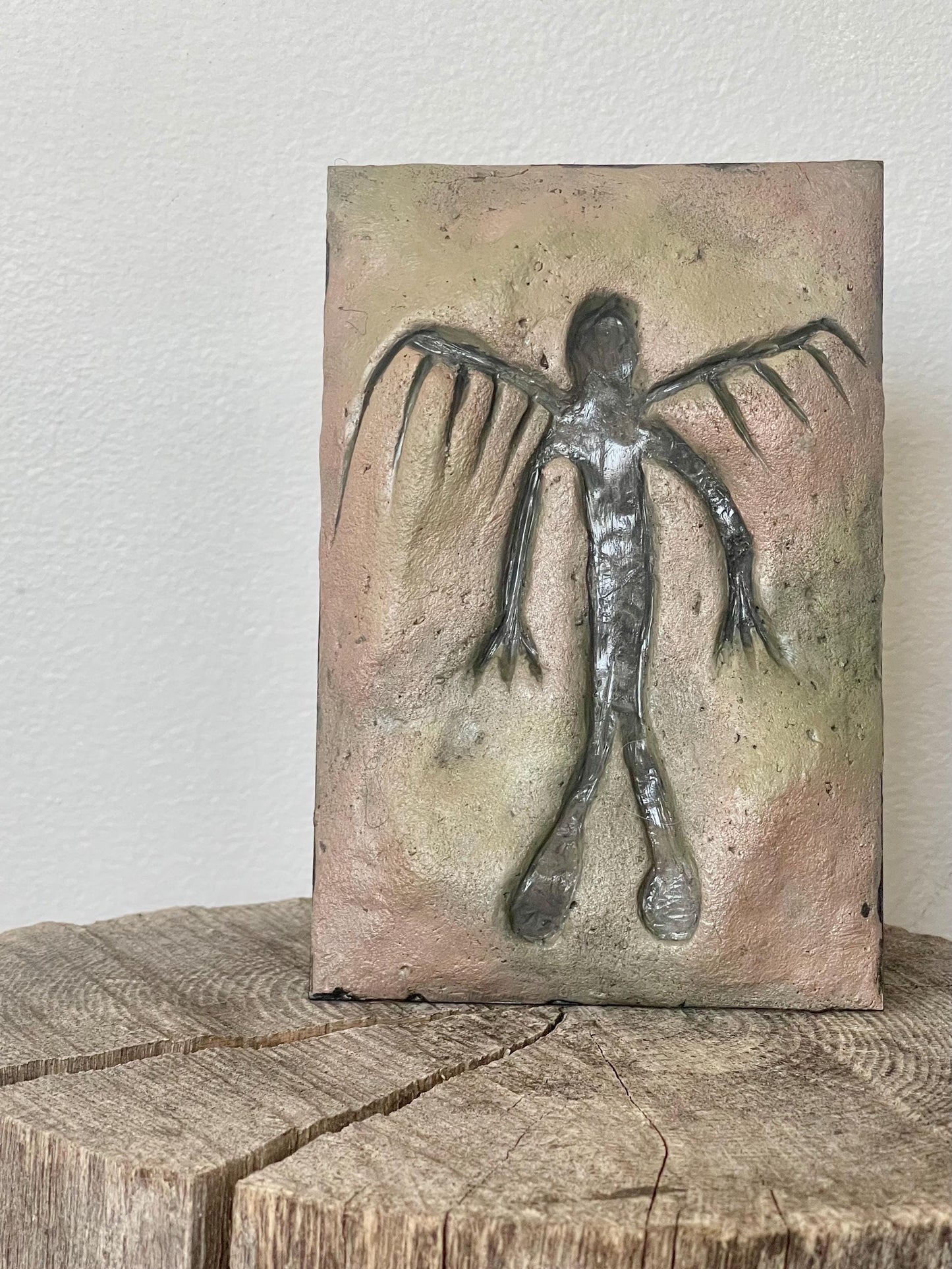 Jōmon Winged Figure Petroglyph Replica: Hand-Sculpted Clay Wall Art