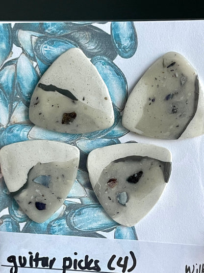 guitar picks (4) made of blue mussel clay