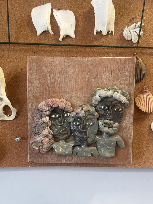 Meet the Clams - family of 3 portrait, wall relief sculpture, mom dad and child family