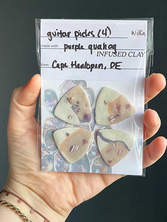 guitar picks (4) made of purple quahog clay