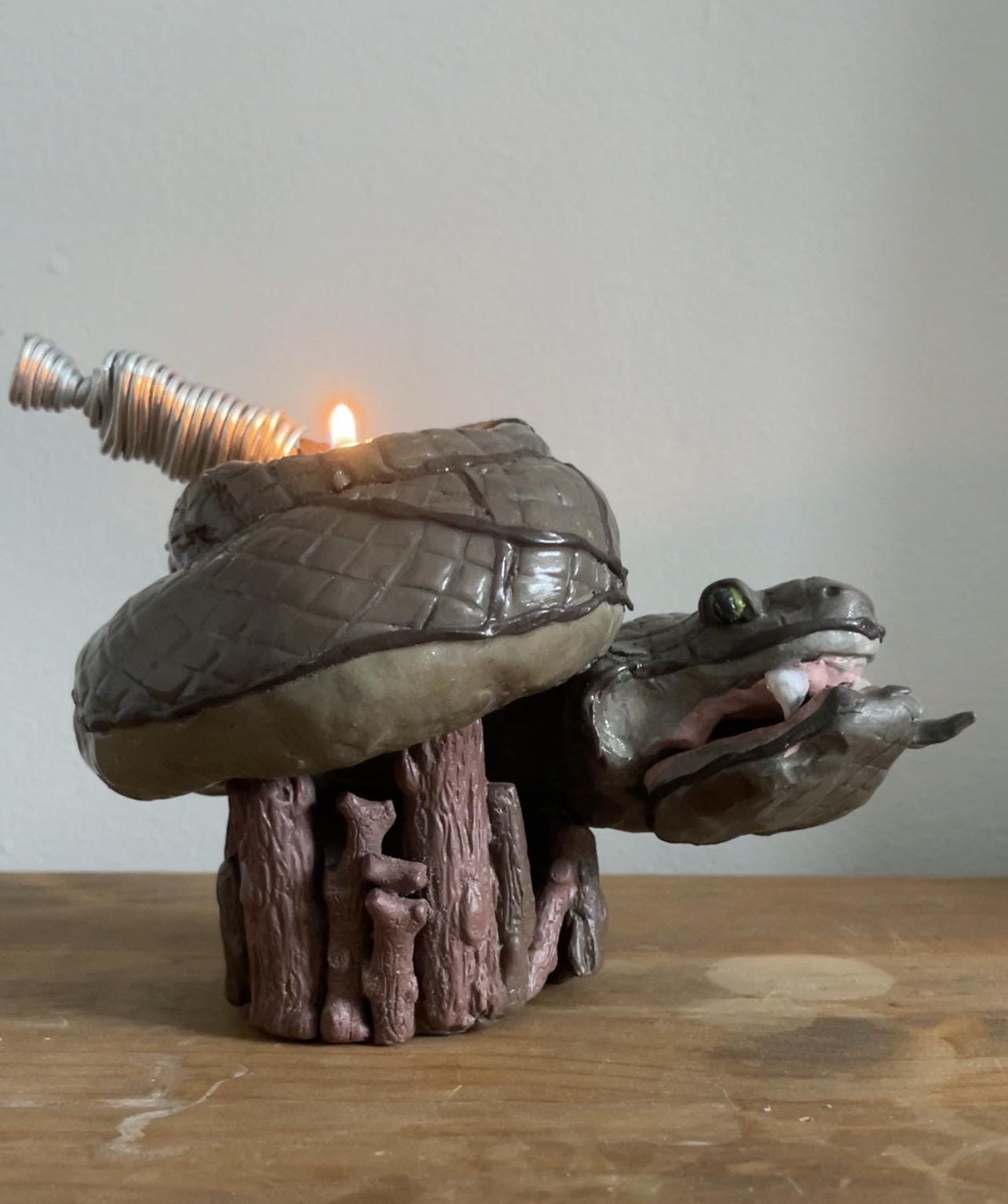 Hand Sculpted Rattlesnake Votive Set: Candle Holder, Match Striker & Snuffer