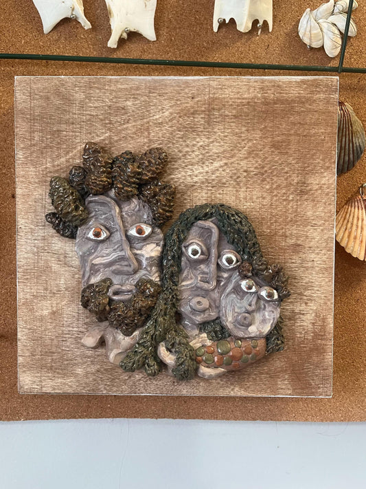 Meet the Pines - family of 3 portrait, wall relief sculpture, mom dad and baby family