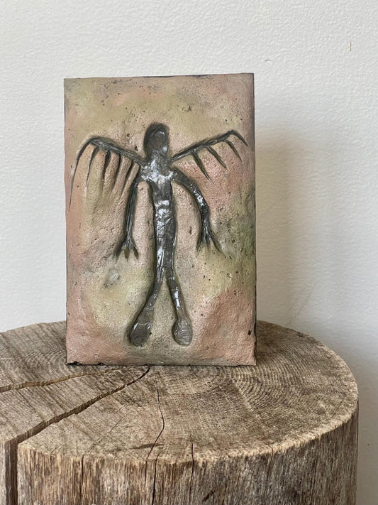 Jōmon Winged Figure Petroglyph Replica: Hand-Sculpted Clay Wall Art