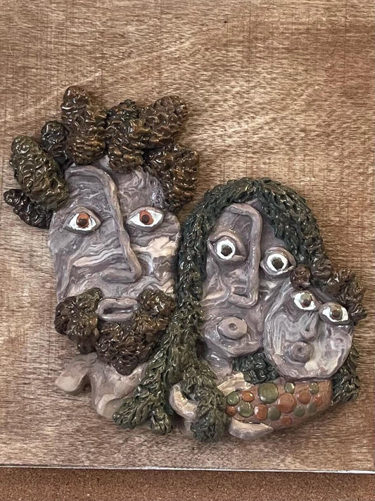 Meet the Pines - family of 3 portrait, wall relief sculpture, mom dad and baby family