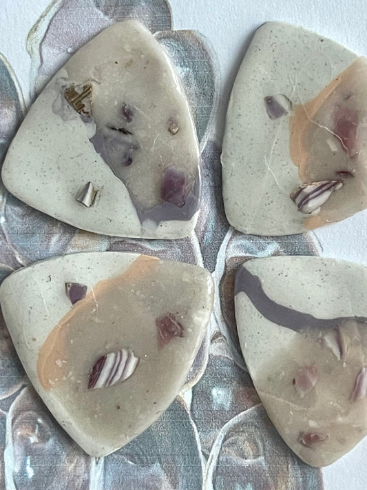 guitar picks (4) made of purple quahog clay