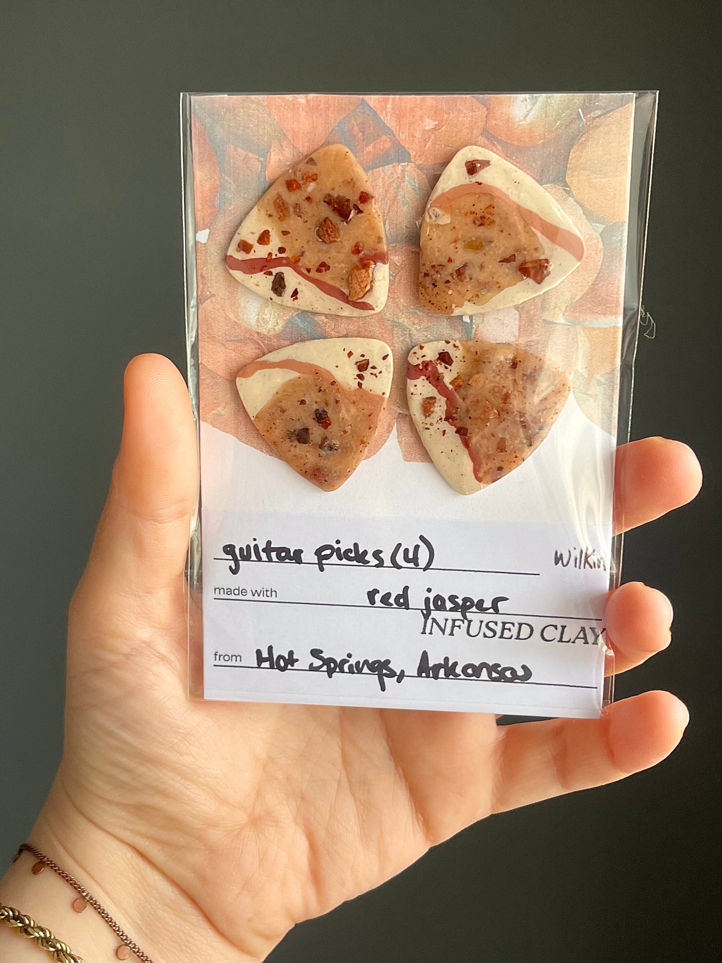 guitar picks (4) made of red jasper clay