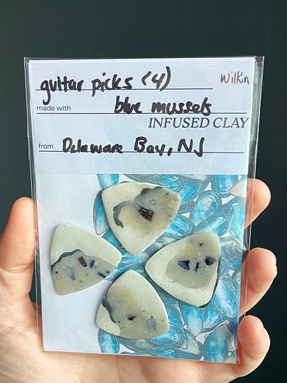 guitar picks (4) made of blue mussel clay