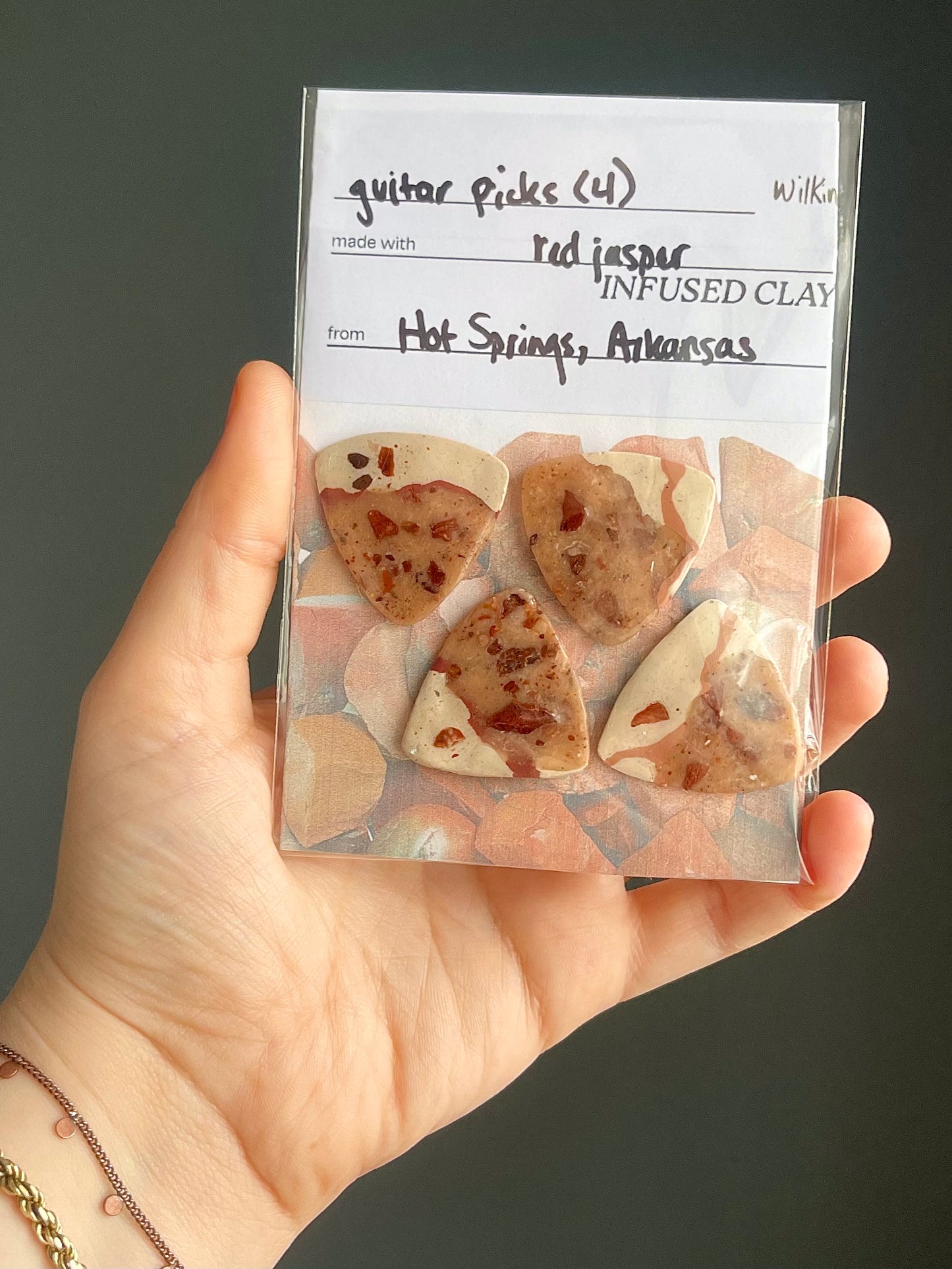 guitar picks (4) made of red jasper clay