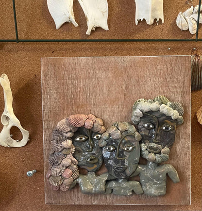 Meet the Clams - family of 3 portrait, wall relief sculpture, mom dad and child family