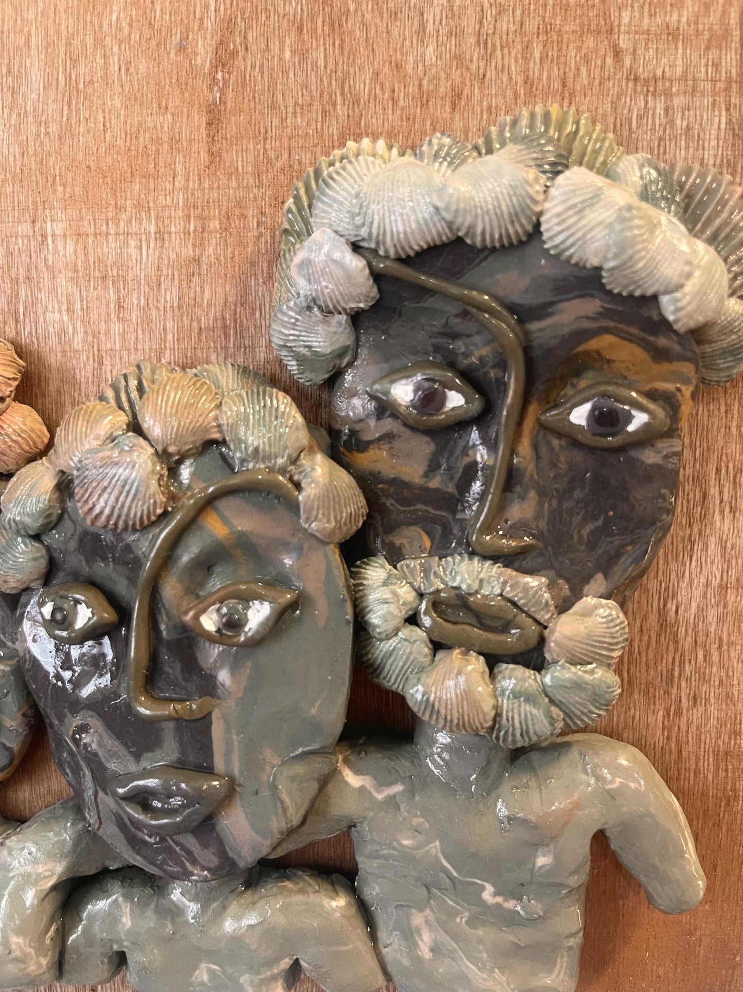 Meet the Clams - family of 3 portrait, wall relief sculpture, mom dad and child family