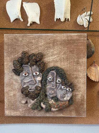 Meet the Pines - family of 3 portrait, wall relief sculpture, mom dad and baby family
