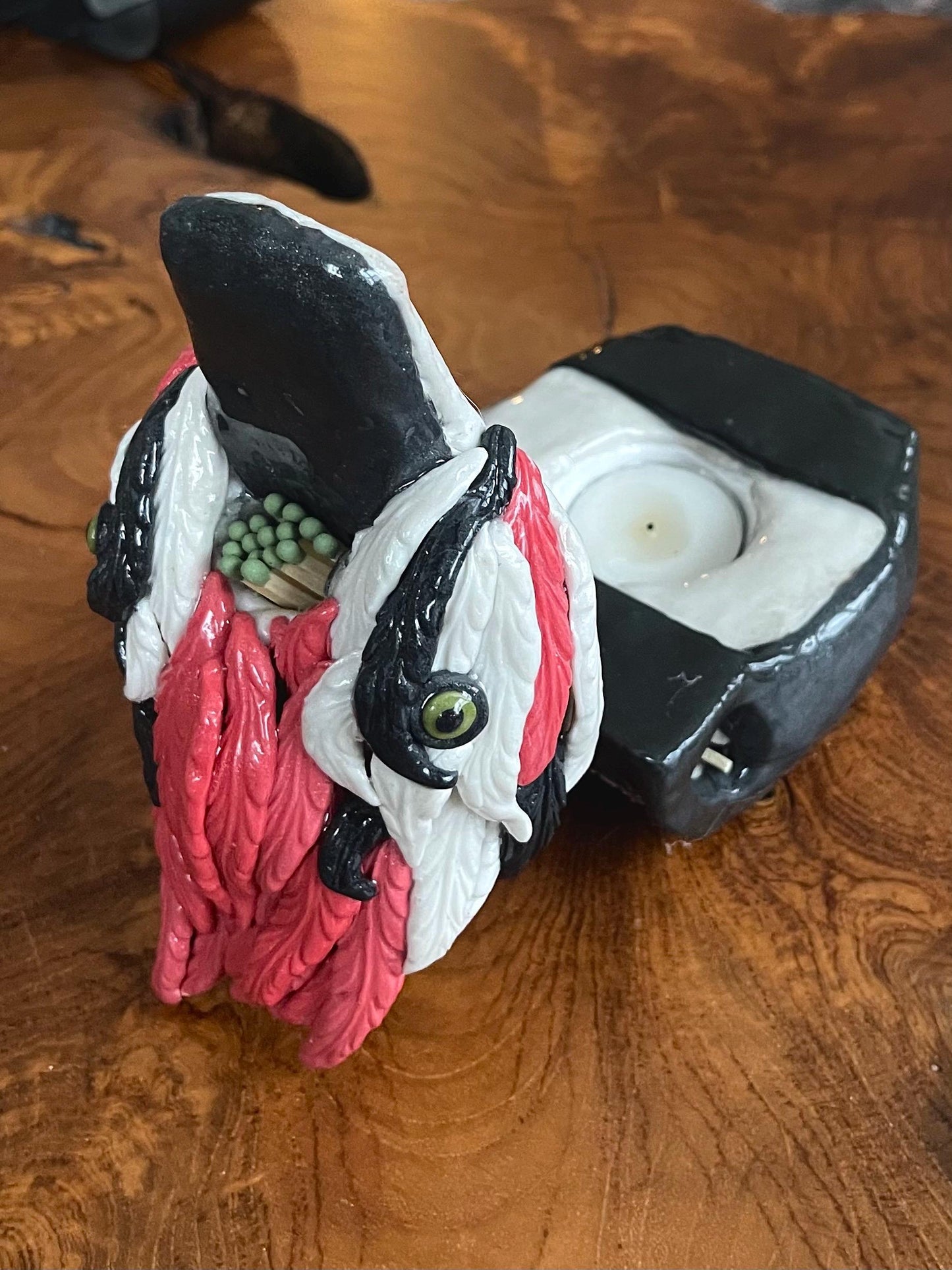 Woodpecker votive set - match holder, match striker, candle, sculpture
