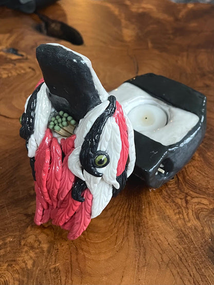 Woodpecker votive set - match holder, match striker, candle, sculpture