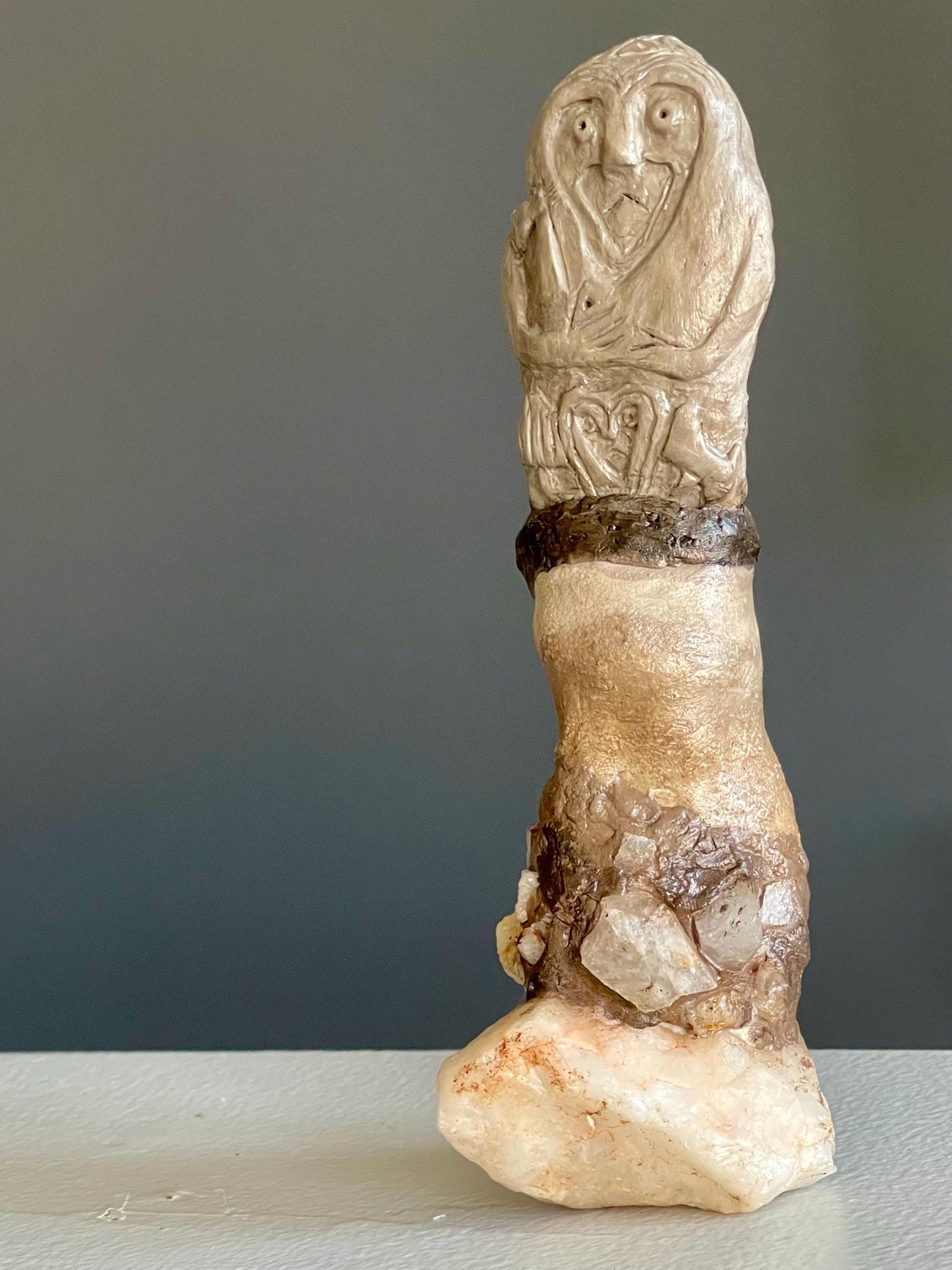 Debby the Guardian of the Lineage – Hand-Sculpted Female Gargoyle – Inspired by Kurgan Stelae – Clay & Ozark Quartz