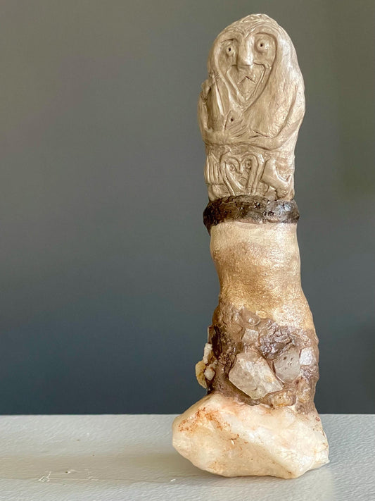 Debby the Guardian of the Lineage – Hand-Sculpted Female Gargoyle – Inspired by Kurgan Stelae – Clay & Ozark Quartz