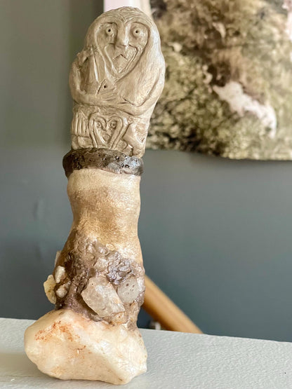 Debby the Guardian of the Lineage – Hand-Sculpted Female Gargoyle – Inspired by Kurgan Stelae – Clay & Ozark Quartz