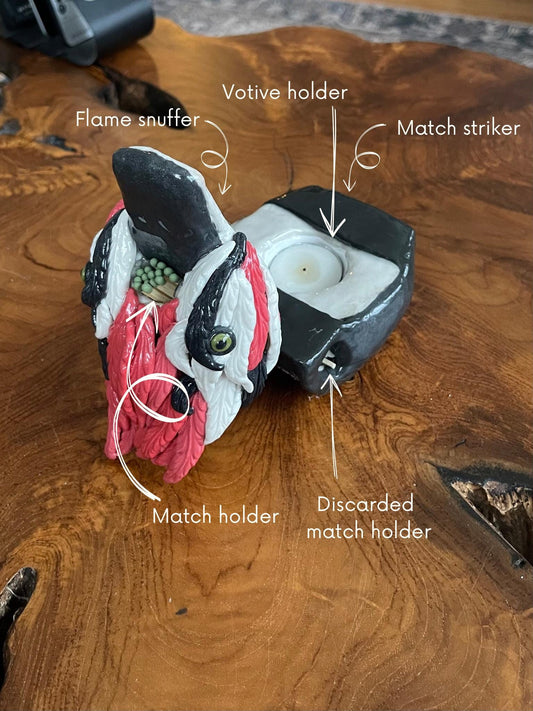 Woodpecker votive set - match holder, match striker, candle, sculpture