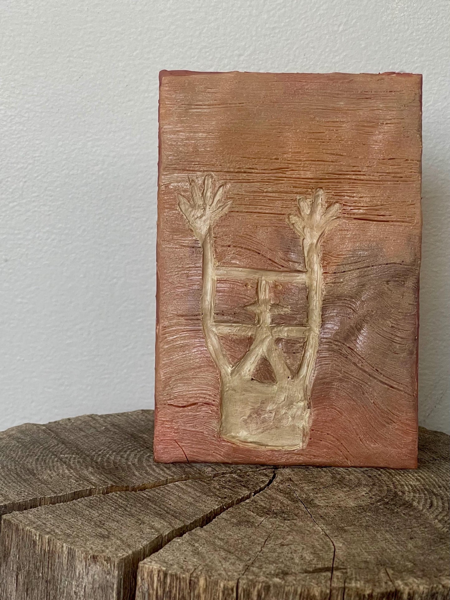 Valle de Merveilles (France) Hands-Up Petroglyph — 4×6" Hand-Sculpted Clay Wall Art