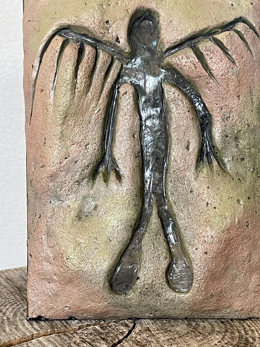 Jōmon Winged Figure Petroglyph Replica: Hand-Sculpted Clay Wall Art